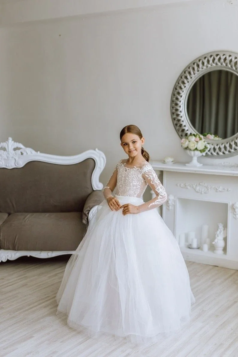 Pageant Dresses for Girls Princess Evening Party Dresses Lace Communion Dress Lace Tutu Flower Girl Dress White Tulle Rustic