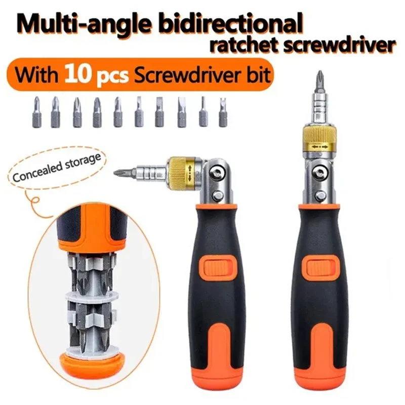 

10 in 1 Multi-angle Bidirectional Ratchet Screwdriver Adjustable Angle Hidden Bit Magazine Portable Multifunctional Repair Tools