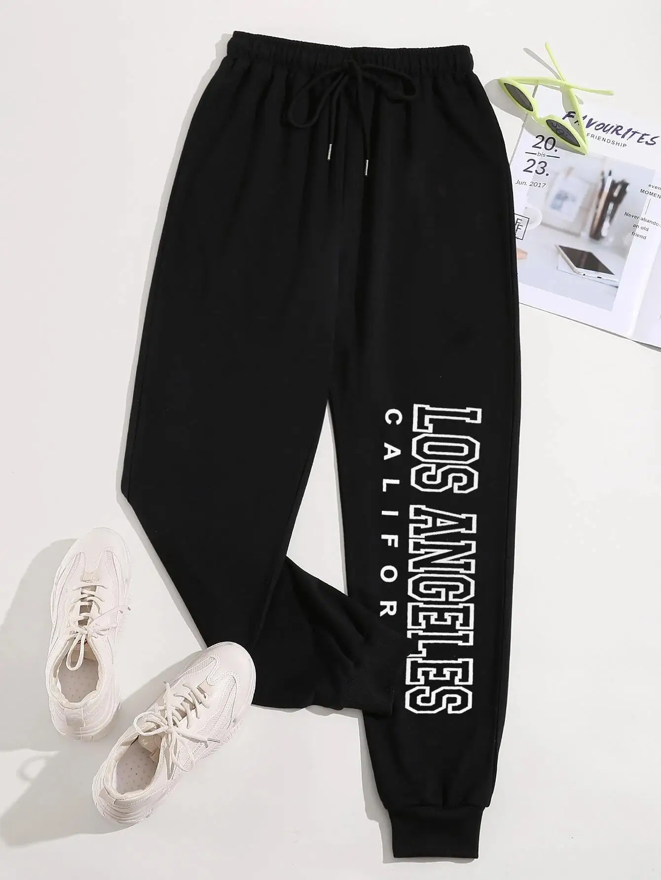 

Los Angeles California Letter Printing Women'S Spring Casual Basic Pants Versatile Pocket Drawstring Trousers Trendy Street Pant