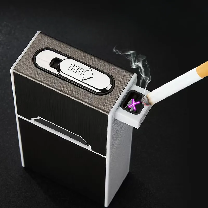 USB Double Arc Plasma Lighter Automatic Cigarette Case 20 Cigarette Case Moisture-proof Metal Cigarette Case Gadgets Mens Gift