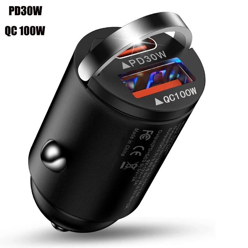 100W Mini PD USB Car Charger Fast Charging Hidden Pull Ring Super Charge Multi-function Car Charger For Samsung iPhone Xiaomi