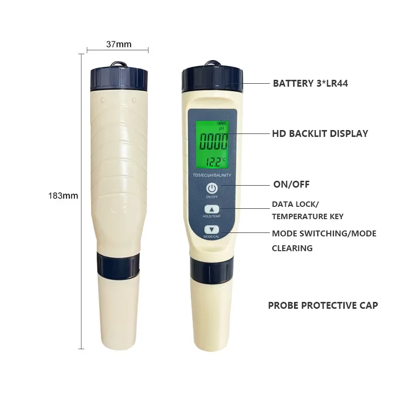 High Precision 5-in-1 Water Quality Meter 0-14PH Salinity Detector High Sensitivity Probe for Farm Irrigation Water Test
