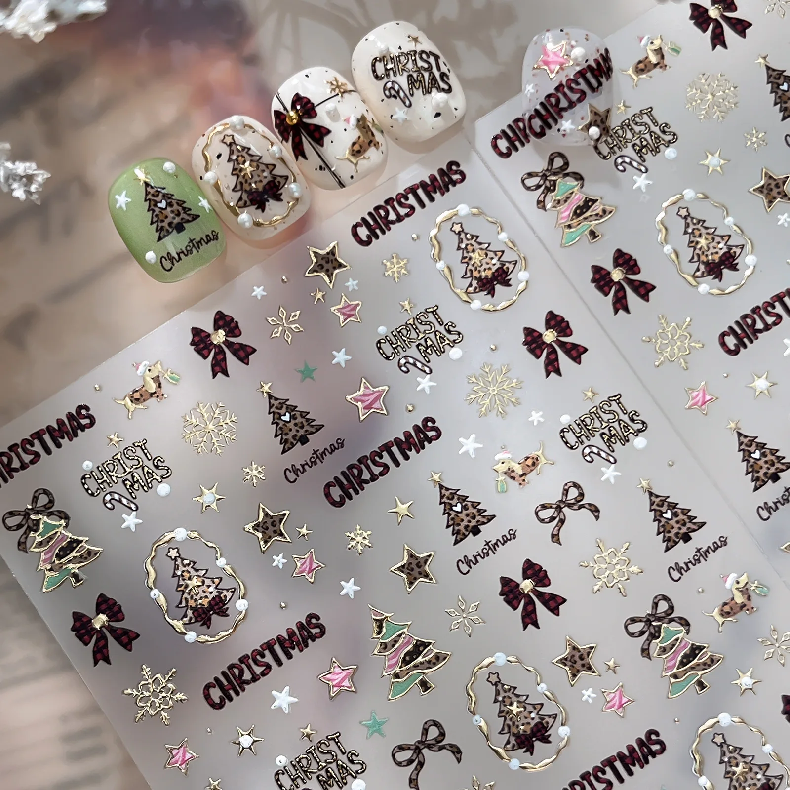 Retro Gold Thread Leopard Print Christmas Tree Nail Sticker Bow Stars Snowflake Lettering Design Self-adhesive Nail Decoration