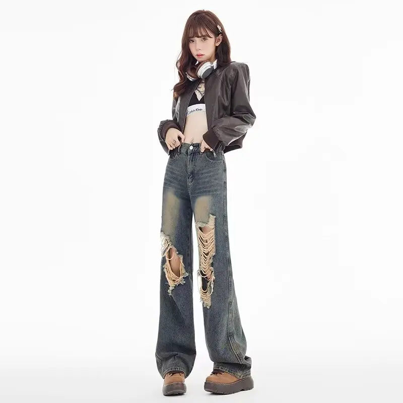 Jean ผู้หญิงตรงกางเกงยีนส์สุภาพสตรีเสื้อผ้าผู้หญิงกางเกงยีนส์เอวสูง Y2k Shoujo สาวสไตล์ผู้หญิงกว้างกางเกง Coquette Baggy ขา