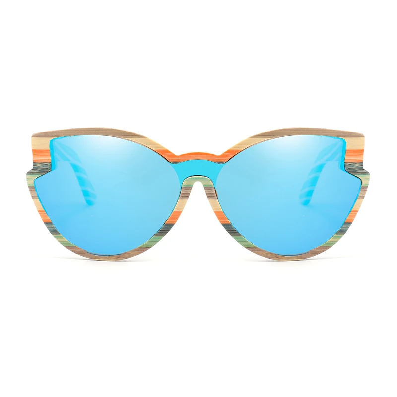 

Модные бамбуковые солнцезащитные очки «кошачий глаз» для женщин, радужная цветная оправа, большие деревянные солнцезащитные очки UV400, поляризационные линзы