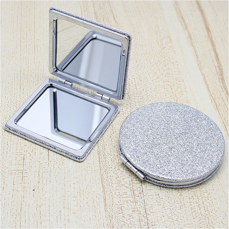

Round & Square Folding Makeup Mirror in Shiny Silver, Portable PU Dual-Sided Mirror for Purse & Travel