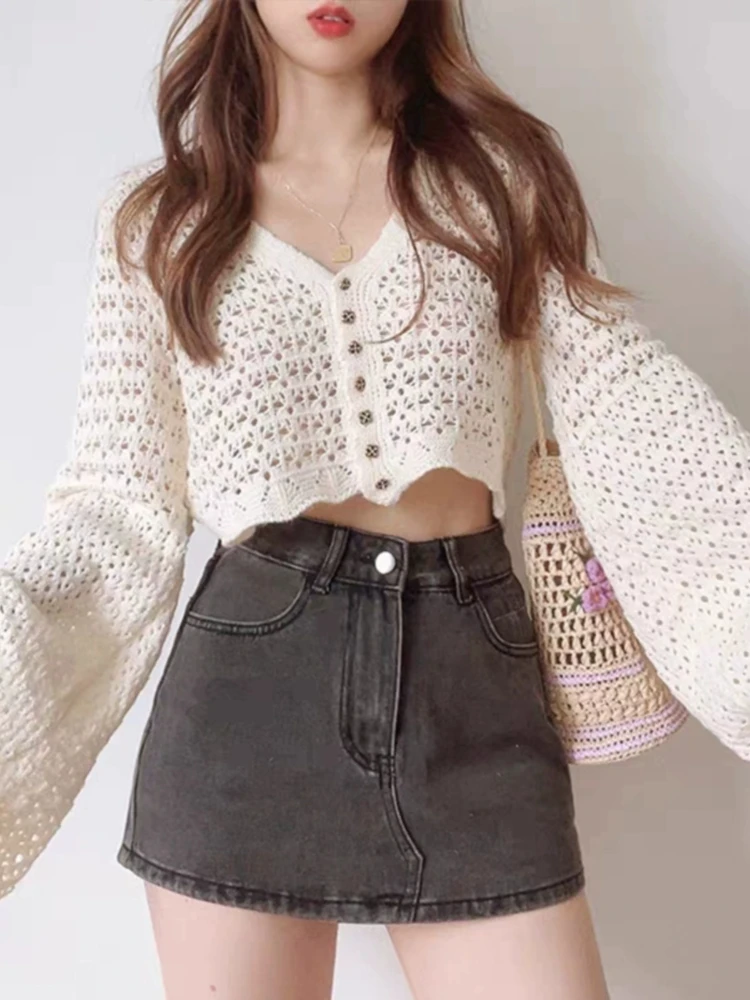 Single Breasted Knitted Thin Sweater Cardigan Women Flare Sleeve Sueter Mujer Summer Vintage Sweet Hollow Out Cropped Jackets