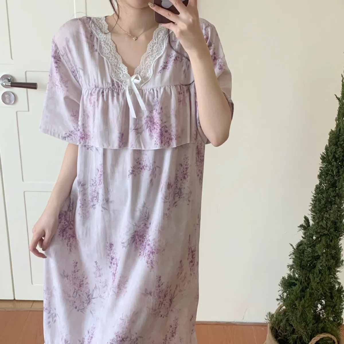 

New Loose Artificial Cotton Nightgown Floral Print Home Clothes Lightweight Women's Sleepwear Spring Autumn Seasonal Use