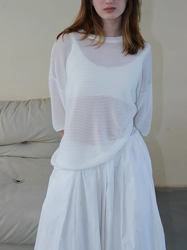 

Свободная вязаная летняя футболка AR с полупрозрачным эффектом, расслабляющая, ажурная, повседневная, удобная женская кофта с круглым вырезом