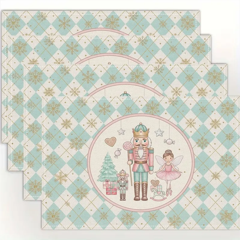 VIKAMA Linen Placemats Nutcracker Ballet Dolls Red Pink, Stain Resistant Easy to Clean, Dining Table Holiday Home Decor
