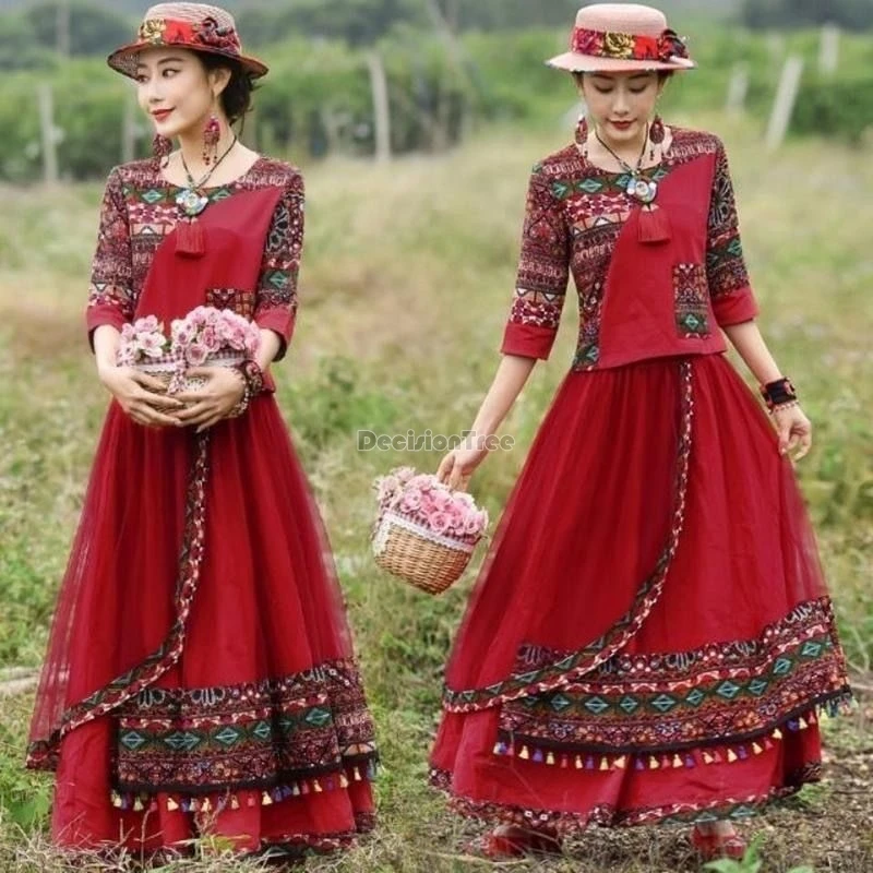 2024 ethnic characteristic retro chinese cotton linen set exquisite shining folk dance garment yun nan travel photography outfit