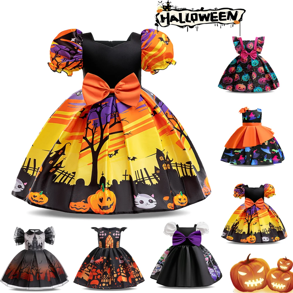 Halloween Pumpkin Bat Printed Costumes for Girl Carnival Party Cosplay Ghost Dress with Bags Gothic Evening Prom Kids Clothes