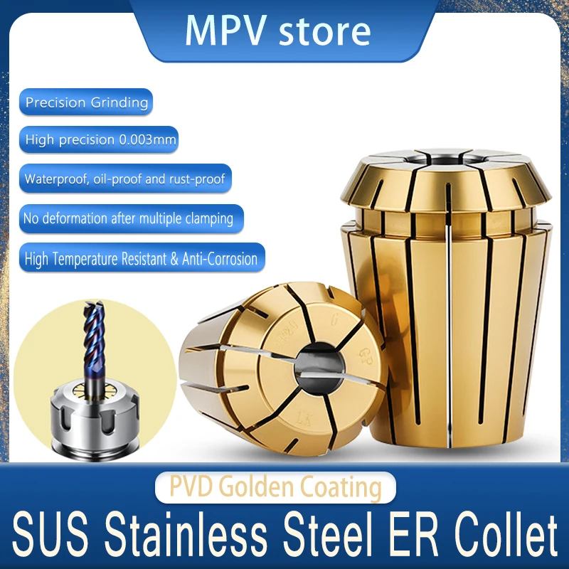 SUS Stainless Steel ER11 ER16 ER20 Collet, UP Grade Golden TiN Coated High Precision Elastic Spring Collet, CNC Engraving Machin