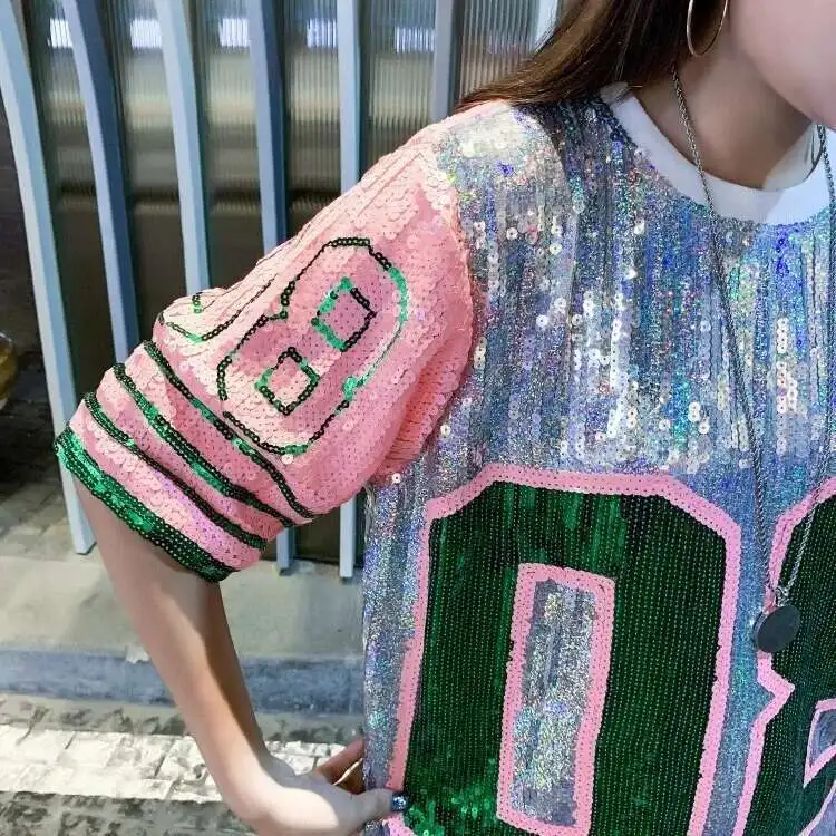 #0202 Summer Harajuku Baseball T Shirt Women Spliced Color Shinny Sequins Short Sleeve T Shirt Oversize Loose Streetwear Hip Hop