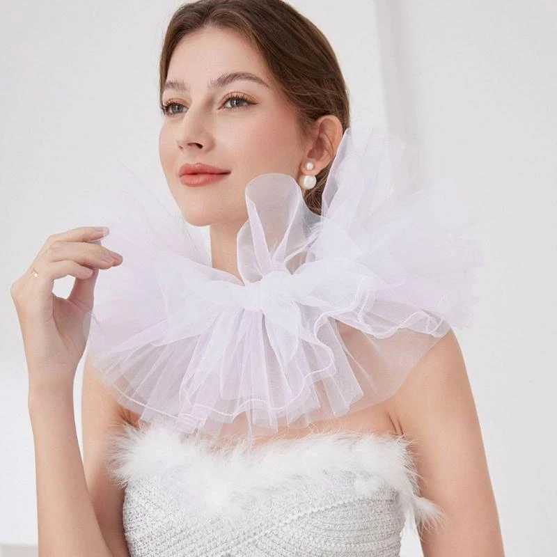 

652F Retro Ruffled Collar Girls Tulle Victorian Collar Lapel Medieval Cosplay Victorian Ruffled Tie Collar