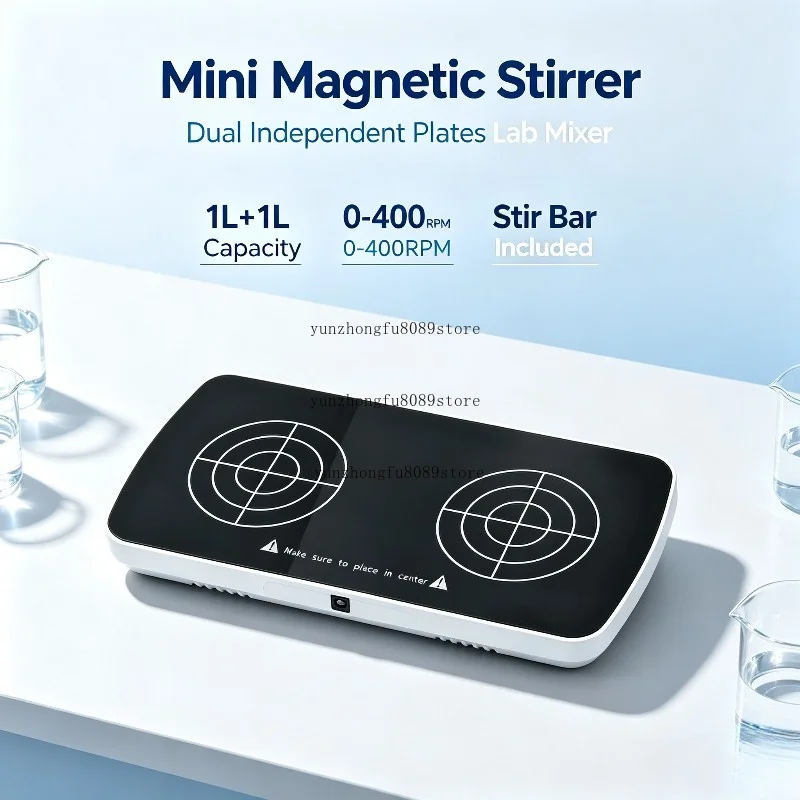Mini Magnetic Stirrer Dual Independent Working Plates with Stir Bars, 1L+1L Capacity 0-4000RPM Adjustable Speed for Experiment