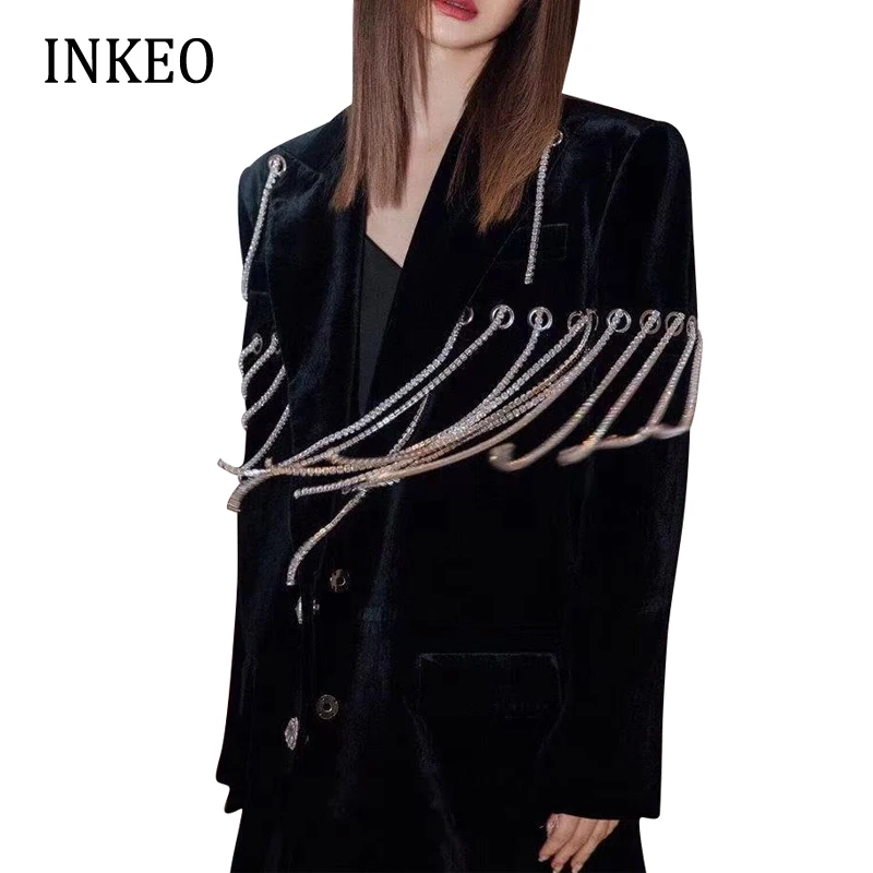 

High quality Women Tassel velvet blazer suit Black Spring Black Diamond buttons Ladies jacket Clothing Elegant INKEO 1O278