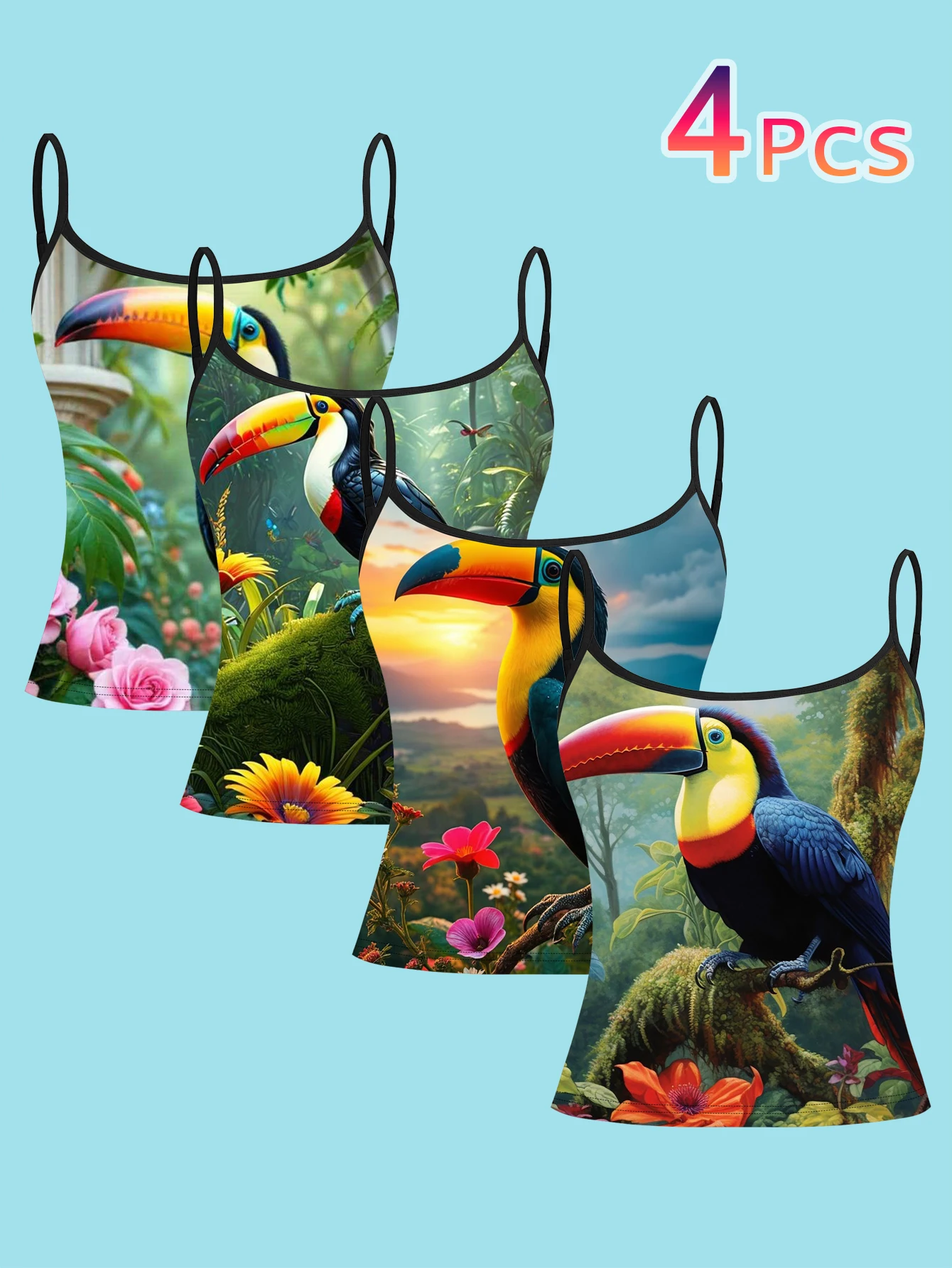 4-Piece Set with Rainforest Toucan Pattern, Floral Sunset Scenery, Women's Spaghetti Strap Camisole and Base Layer Top
