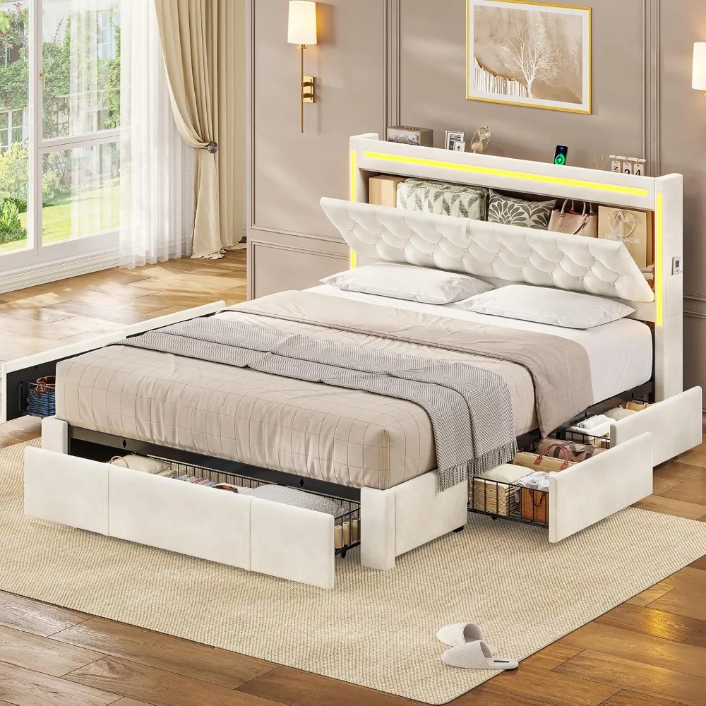 

Queen Size Bed Frame with 5 Drawers, Velvet Storage Headboard with Charging Station, Button Tufted Headboard, LED Bed Frame