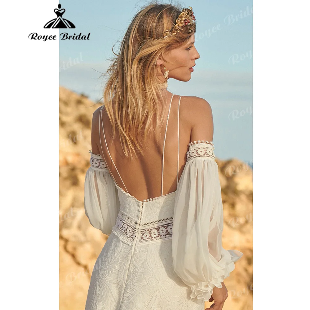 Boho A‑Line Wedding Dress Deep V Off The Shoulder Detachable Puff Sleeve Crochet Lace Chiffon Low Back Slit Bridal Gown Customiz