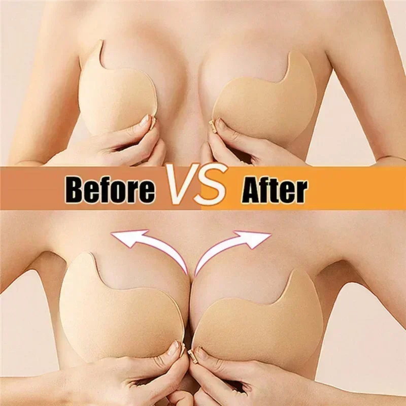 Sutiã push up invisível para mulheres, sutiã sem alças sem costas, bralette de fechamento frontal sem costura, almofadas autoadesivas de silicone,