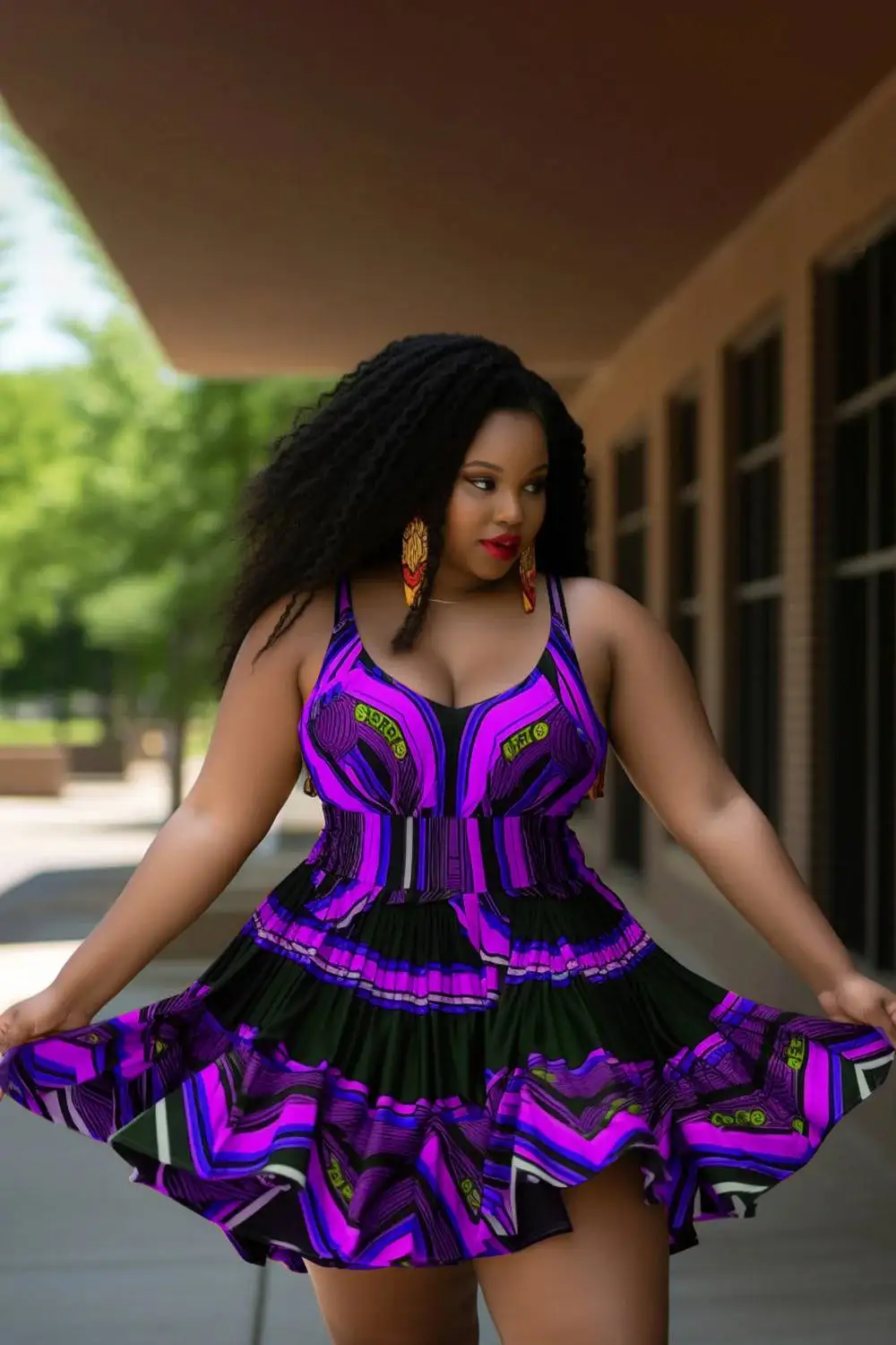 Plus Size Beach Multicolor African Ankara V Neck Swimsuit Fabric Swimwear Dress