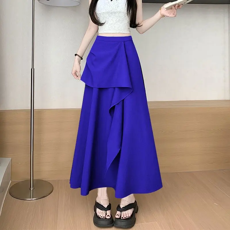 กระโปรงสีพื้นอเนกประสงค์ ฤดูใบไม้ผลิ ฤดูใบไม้ร่วง ฤดูร้อน รุ่นใหม่ เอวสูง กระชับสัดส่วน ยาว เรียบง่าย