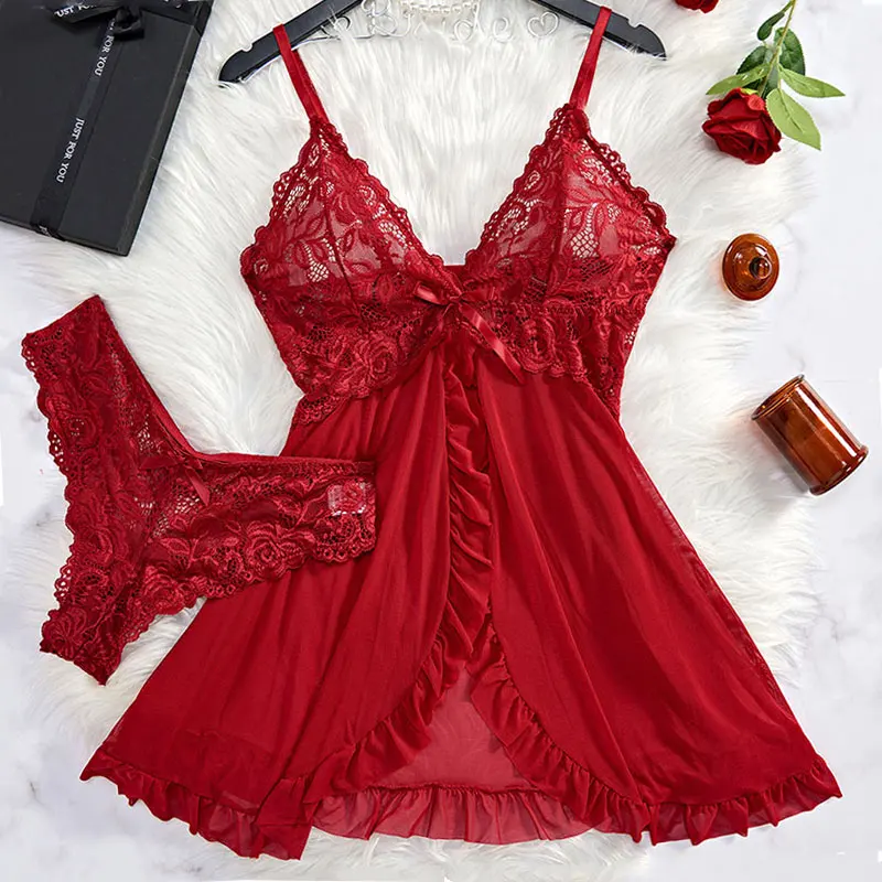Hot Sexy Women's Nightgown Short Dress V-neck Pajamas Lace Bra G-string Set 2-piece Set Sleepwear Erotic Lingerie Underwear Sets