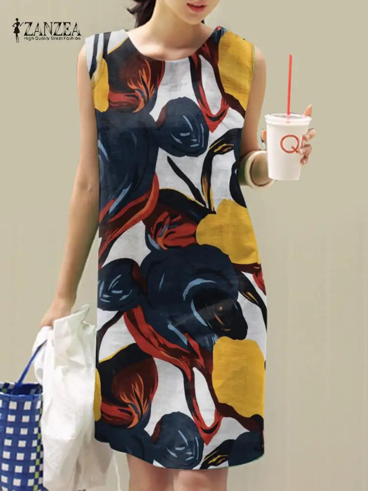 ZANZEA 2024 Summer Floral Dress Bohemian Printed Sundress Women Vintage O Neck Sleeveless Vestido Causal Robe Work Sarafans