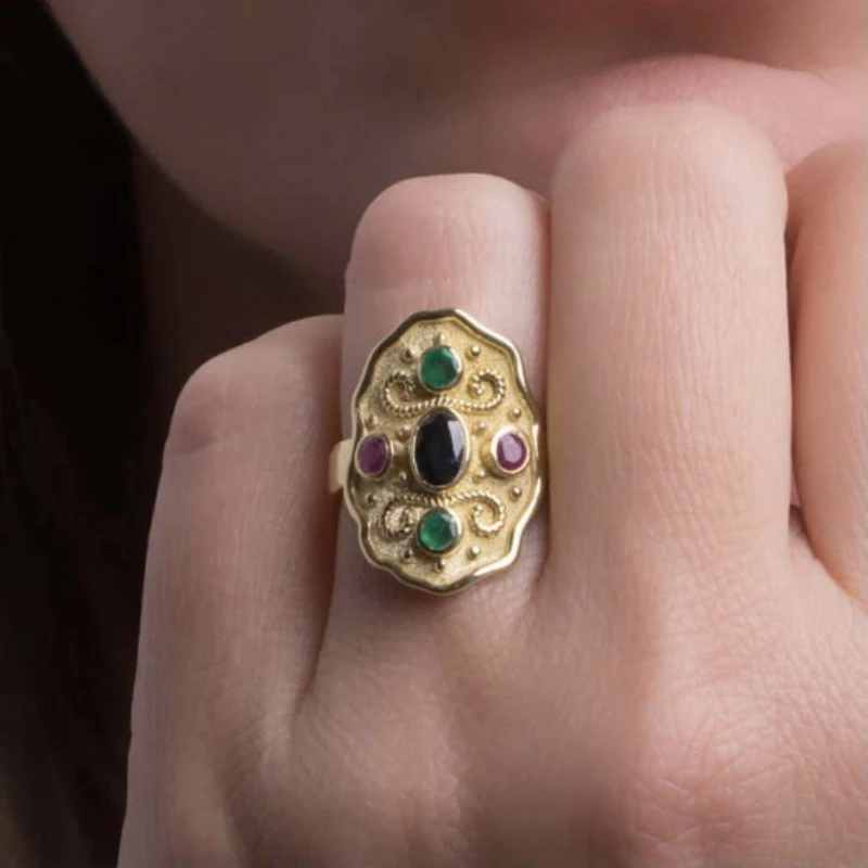 

Vintage unisex accessory set with colorful gemstones and geometric alloy ring