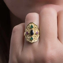 Vintage unisex accessory set with colorful gemstones and geometric alloy ring