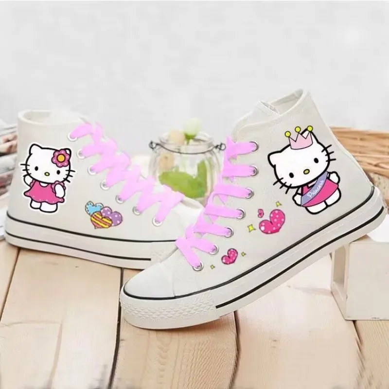 

2026 Hello Kitty Cat Print High Top Canvas Shoes, Casual Sneakers for Women & Men, Spring Autumn Couple Shoes with Extra Laces