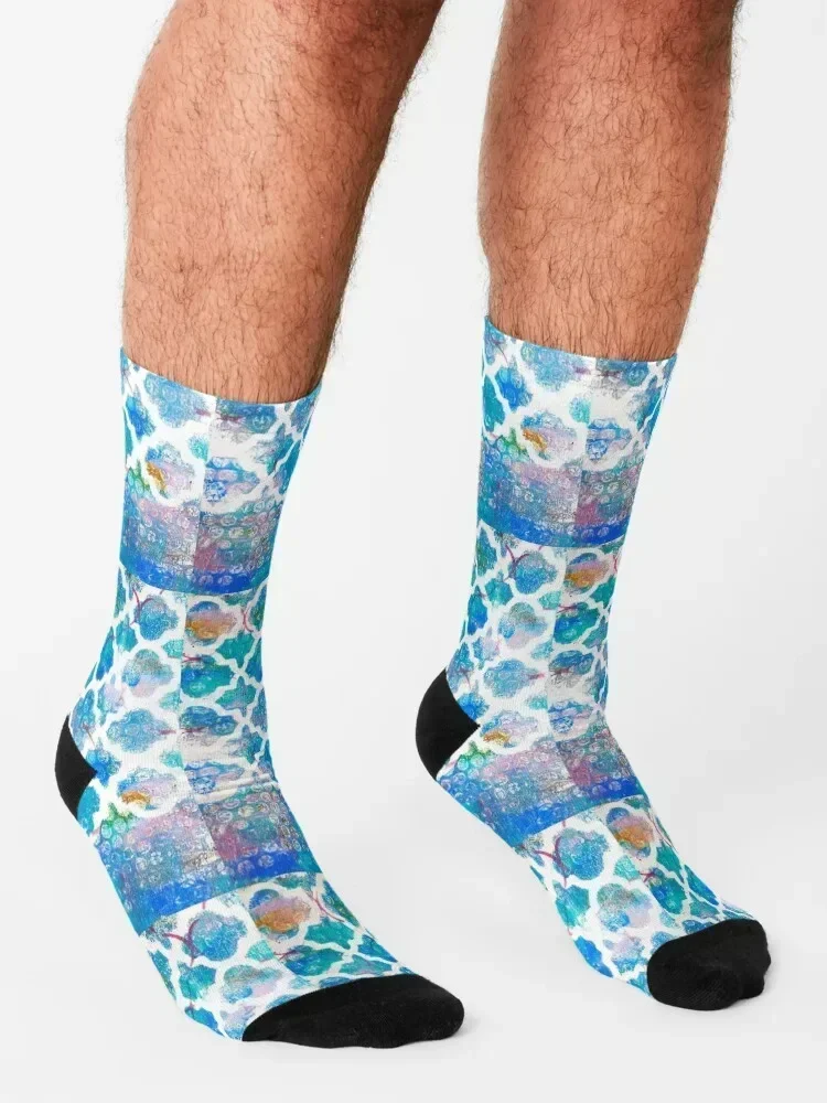 BLUE AND WHITE MOROCCAN PATTERN Socks professional running Rugby colored winter thermal Socks Female Men's