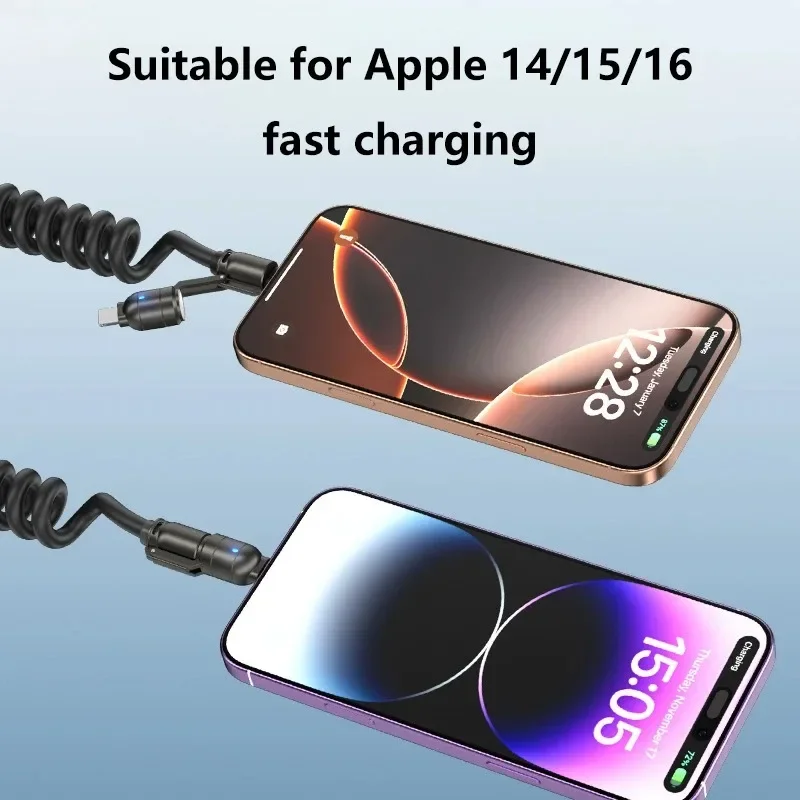 HANNUO 240W 4-in-1 USB Type C Fast Charging Cable Spring Car Data Cable Compatible with CarPlay For iPhone Xiaomi Samsung PD USB