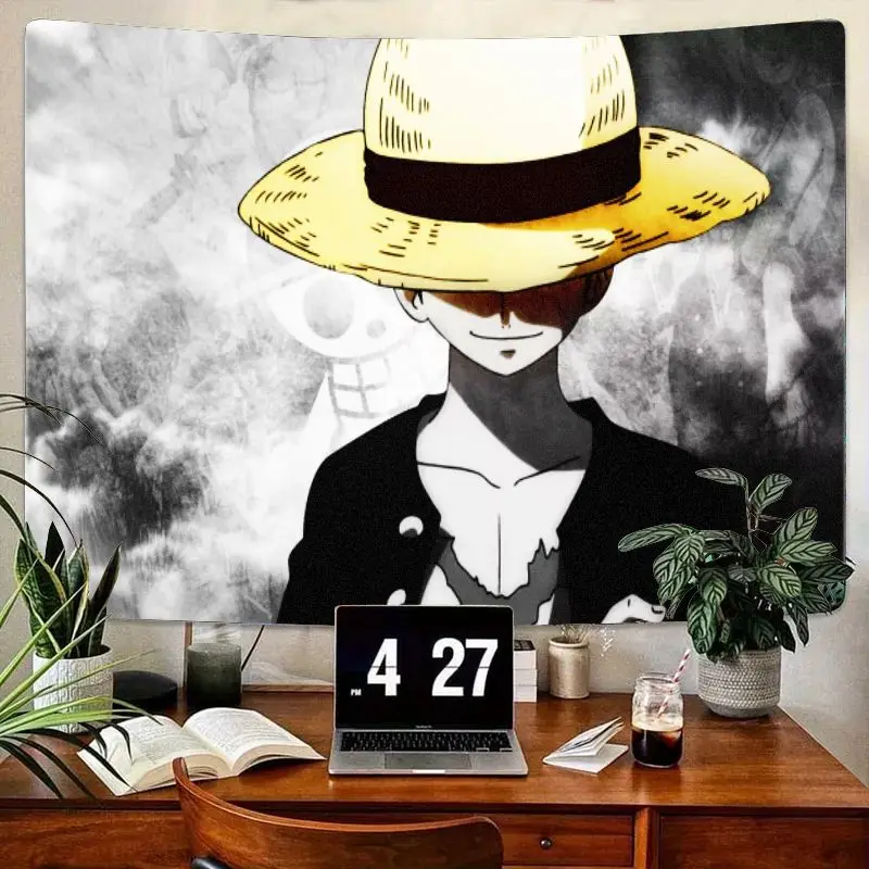 Sombrero de paja con personaje de Manga de Anime, tapiz de calavera, arte de pared estilizado en blanco y negro, fondo nebuloso, decoración personalizada acogedora, 1 ud.