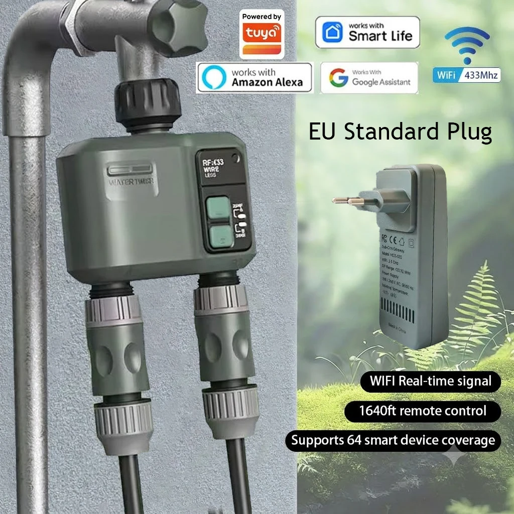 Controlador de Irrigação Inteligente Tuya Wifi+RF433 com 2 Saídas, Temporizador de Gotejamento Programável com Atraso por Chuva, Compatível com Tuya