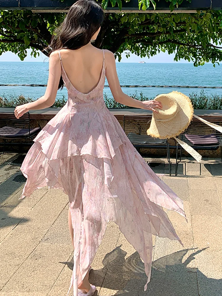 Summer Boho Green Floral Chiffon Ruffled Long Dress Women Fashion Chic Patchwork Lace Sling Dress 2025 Korean Elegant Prom Dress