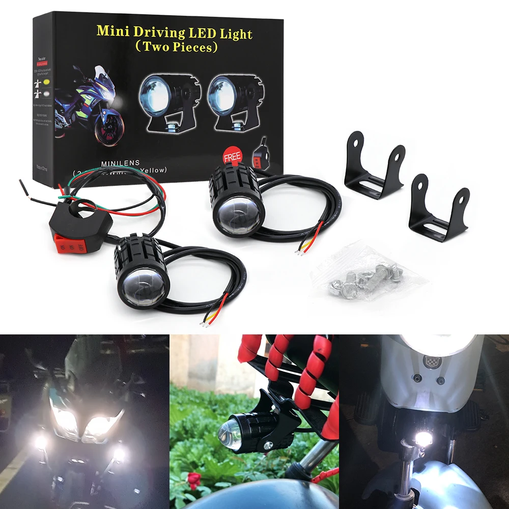 Motorcycle Headlight With Switch LED Spotlights Super Bright Dual Color Hi/Lo Beam Moto Auxiliary DRL Motorbike Lamps Fog Light