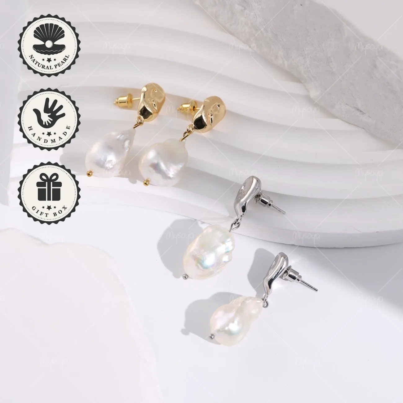 

Mysoya Golden Silvery Irregular Earrings Large Baroque Freshwater Pearl 10–12mm Gift Box Valentine’s Day Gift For Her
