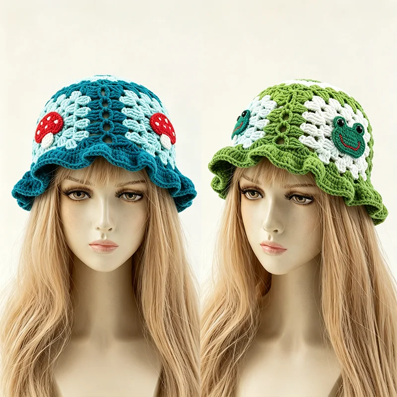 2026 Autumn New Crochet Korean Handmade Bucket Hat Women Weaving Knitted Hat Y2k Fashion Flowers Autumn Winter Beanies Basin Cap