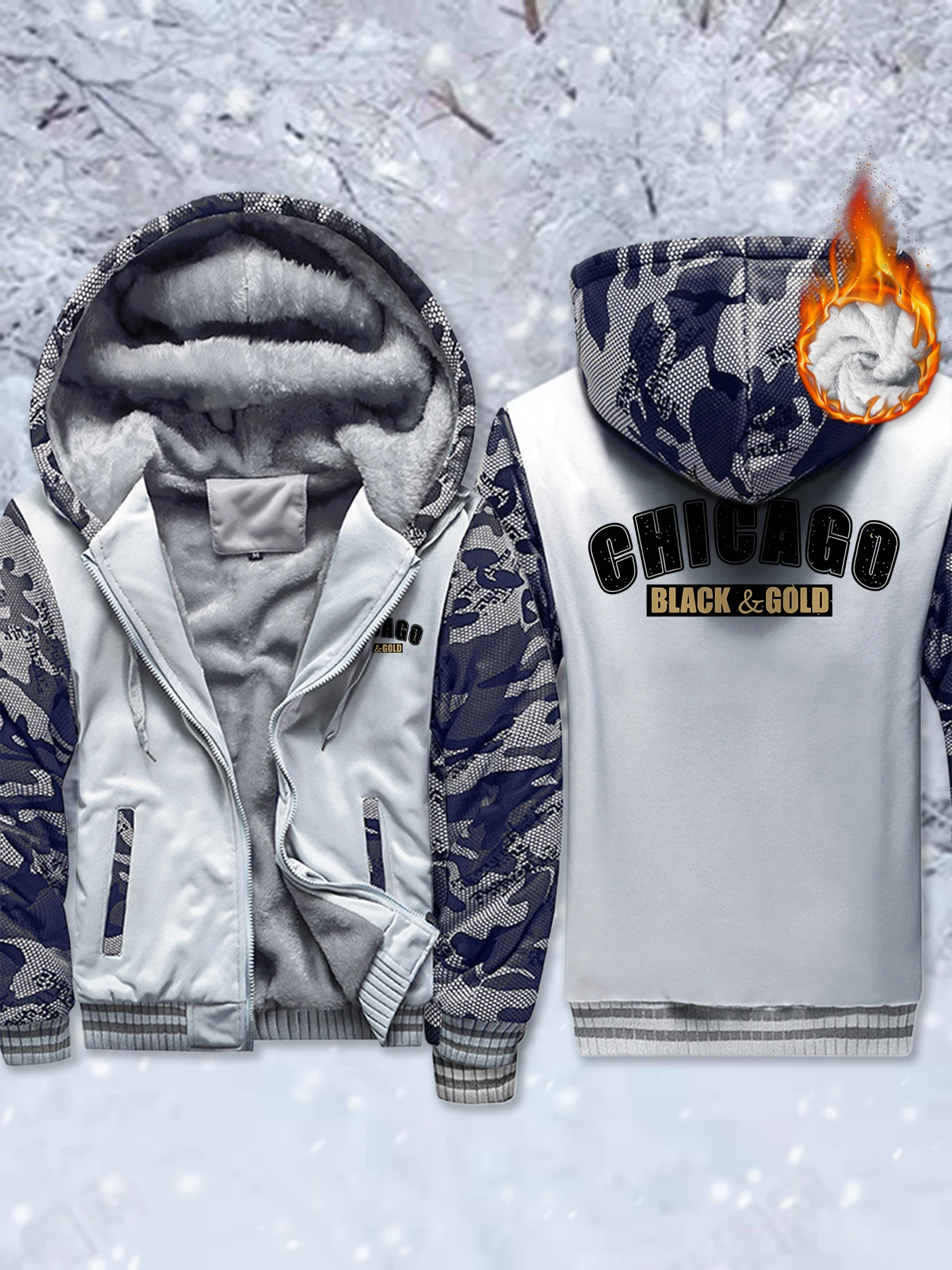 

Модная базовая куртка Chicago с принтом черного золота, мужское флисовое зимнее пальто, теплая утепленная толстовка с капюшоном, удобная спортивная одежда на молнии, мягкий повседневный топ