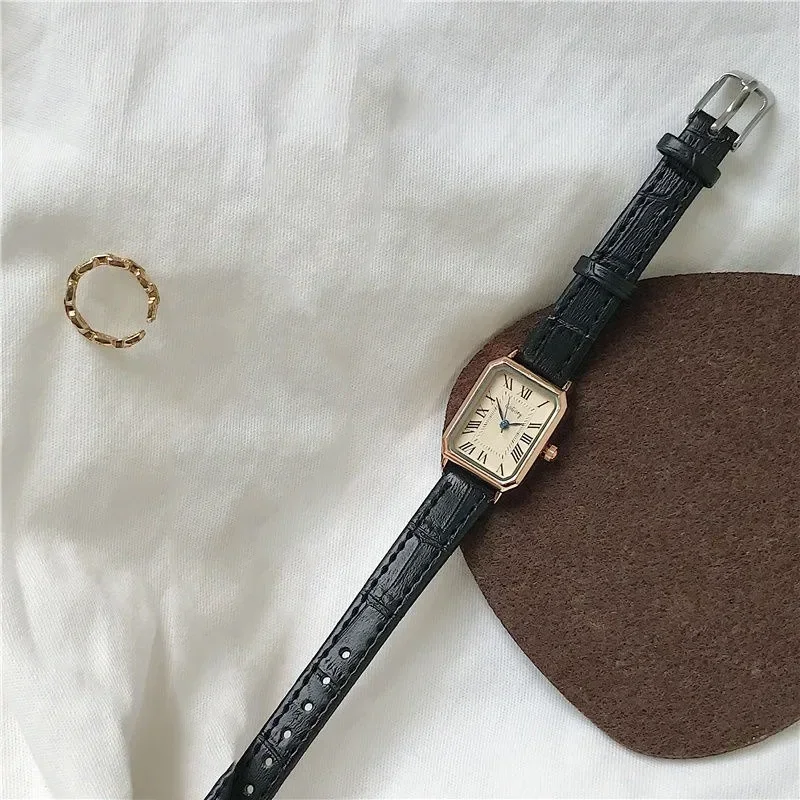 

Casual Rectangle Pointer Quartz Watch Rome Fashion Analog Retro PU Leather Wrist Watch For Women Girls