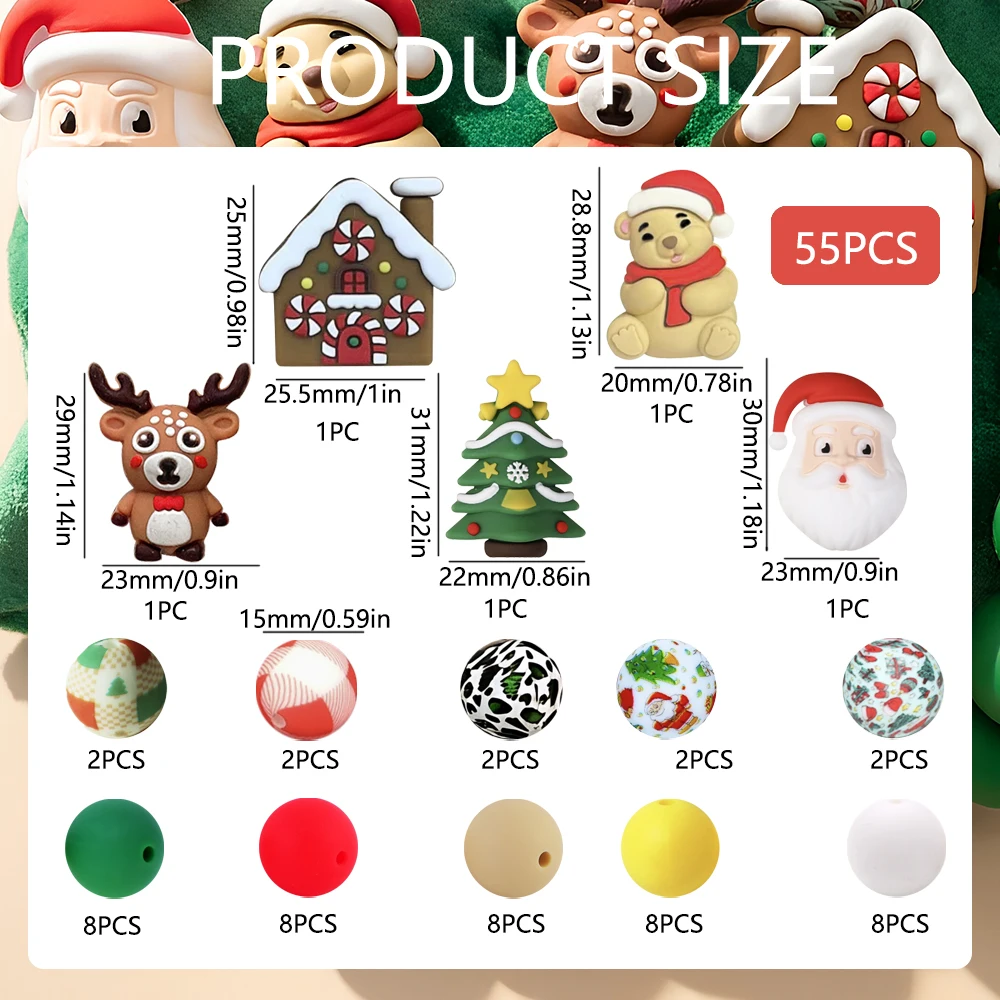 31/55-teiliges Weihnachts-Silikonperlen-Set für DIY-Halsketten, Armbänder, Dekorationen, Stifte, Schmuckanhänger usw. Geburtstagsgeschenk für die Feiertage – Detail 4