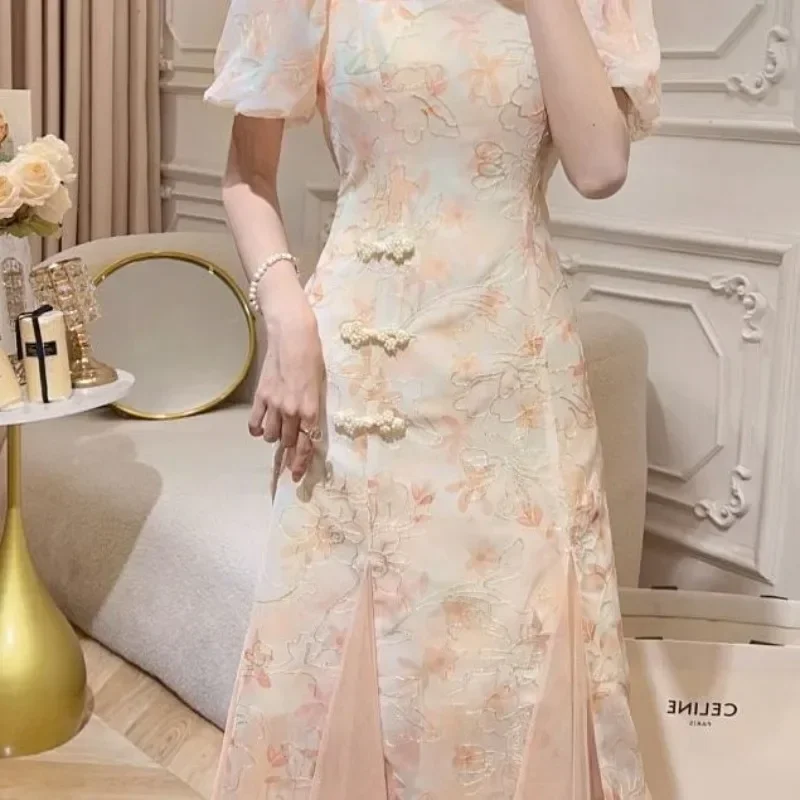 Sexy Orange Stand Collar Hollow Short Sleeved Cheongsam Dress Chinese Style Qipao for Women Summer Retro Improved Dress Modern