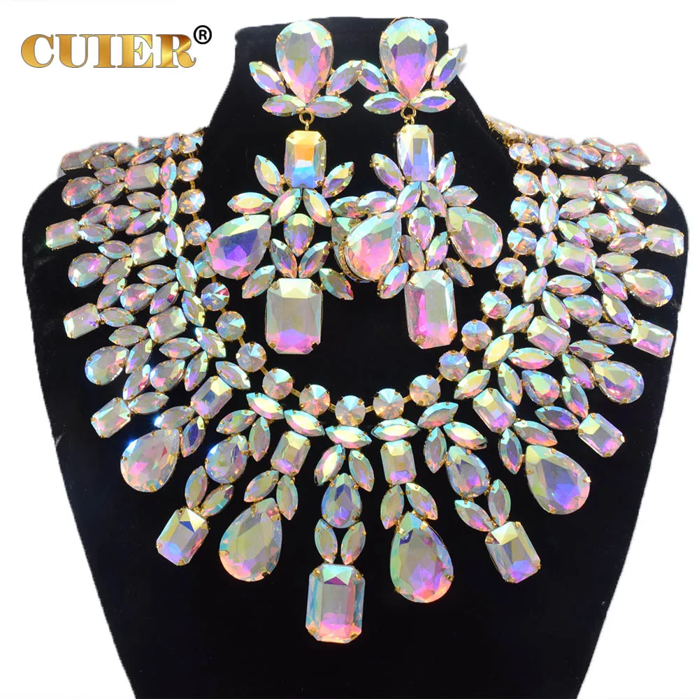 CUIER Super Shiny Glass Necklace& Earring Set Drag queen Big Size Jewelry for Beauty Pageant TV Show Accessories