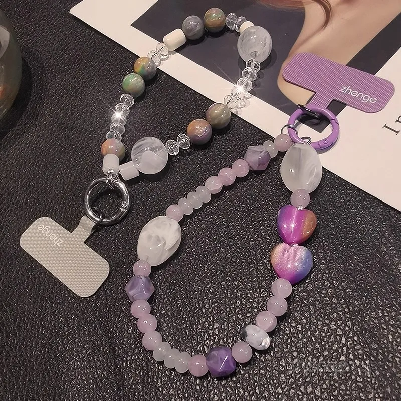 

Love shaped stone bead bracelet, short wrist anti drop crystal phone strap