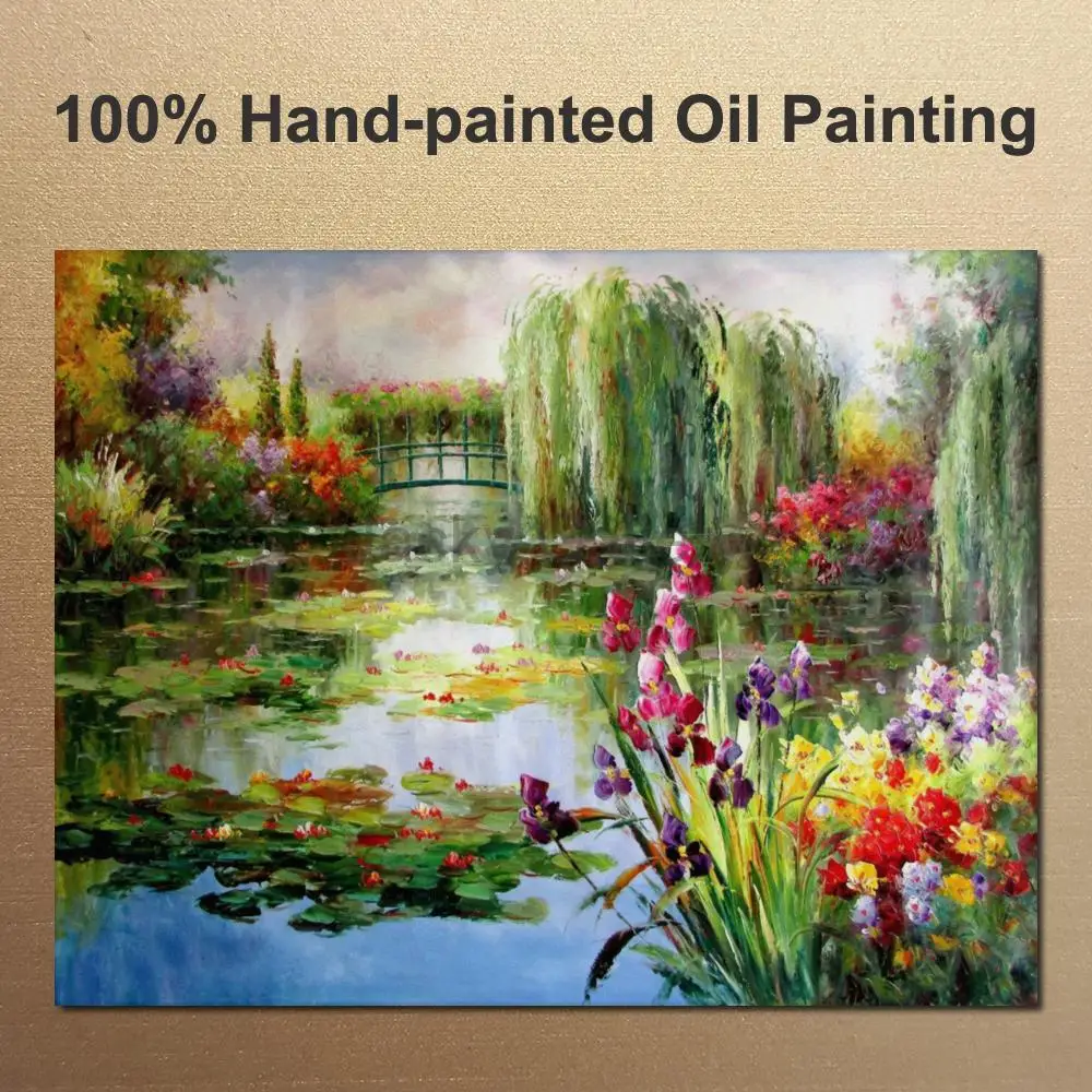 Hand Painted Canvas Art Waterlilies Pond Claude Monet Oil Painting Impressionist Landscape Large Wall Decor for Living Room