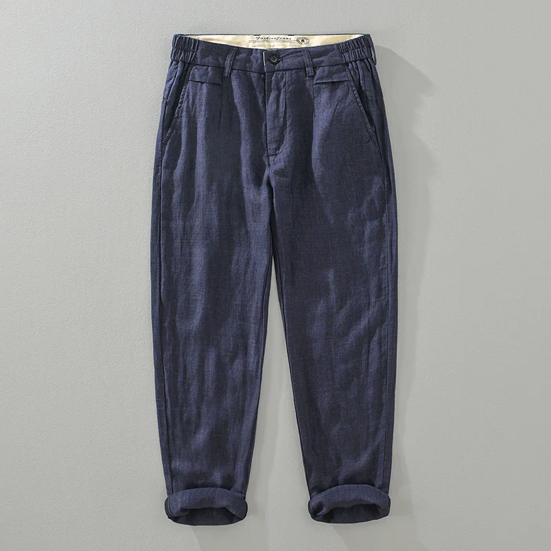 

100% Linen Pants for Men Summer Breathable Beach Men's Pants Office Straight Nine Point Khaki Pants Vintage Casual Baggy Pants