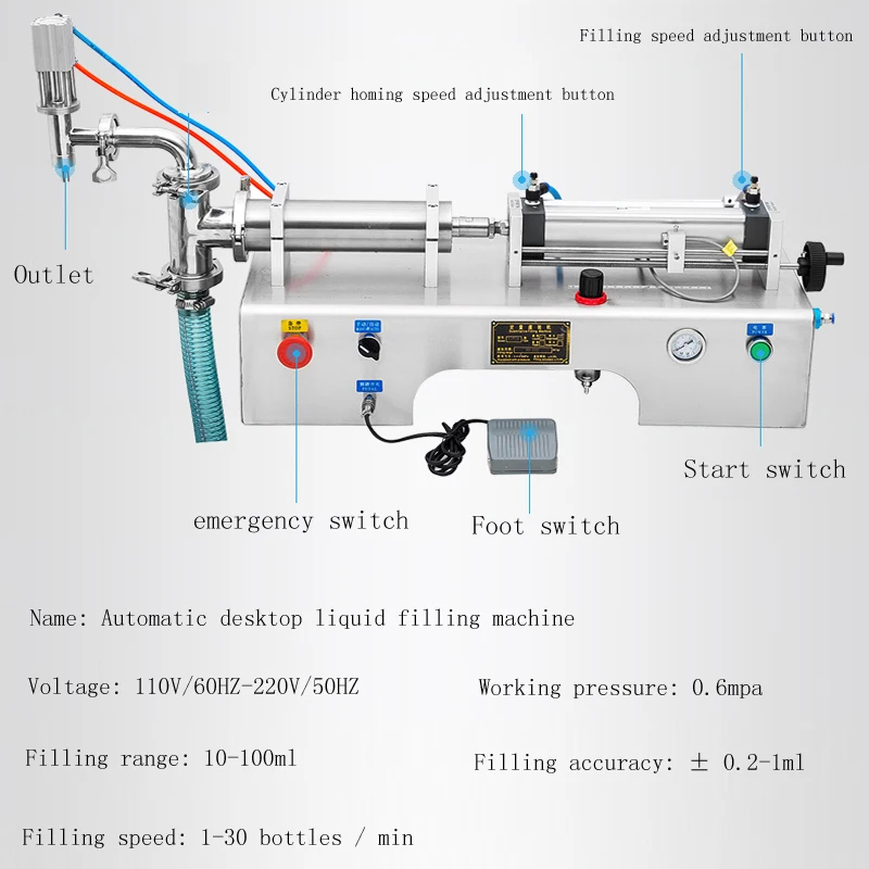 Semi-Auto Single Head Pneumatic Piston Liquid Filling Machine For Honey Juice Oil 5-1000ml 0-30b/Min One Nozzle Filler