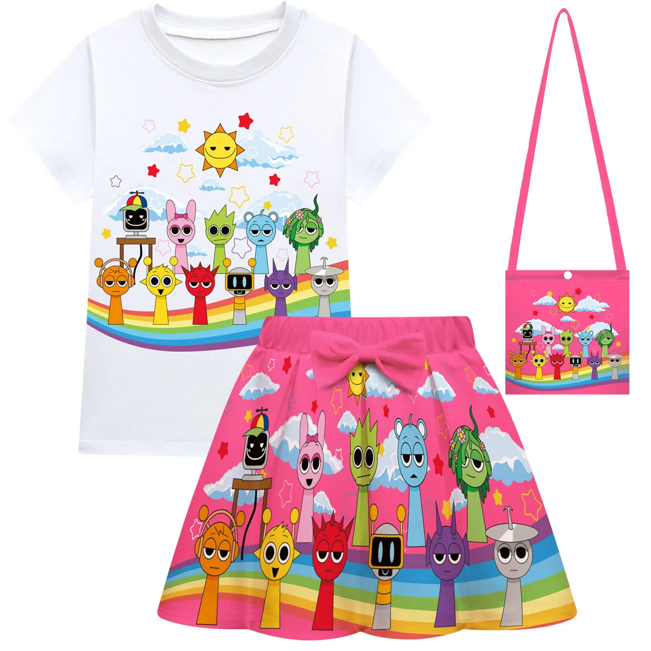 

Sprunki Kids Clothes Baby Girls T-shirt skirt set Girls Costume Sprunki T-shirt with Small Bag Child Suit Halloween Party Gift